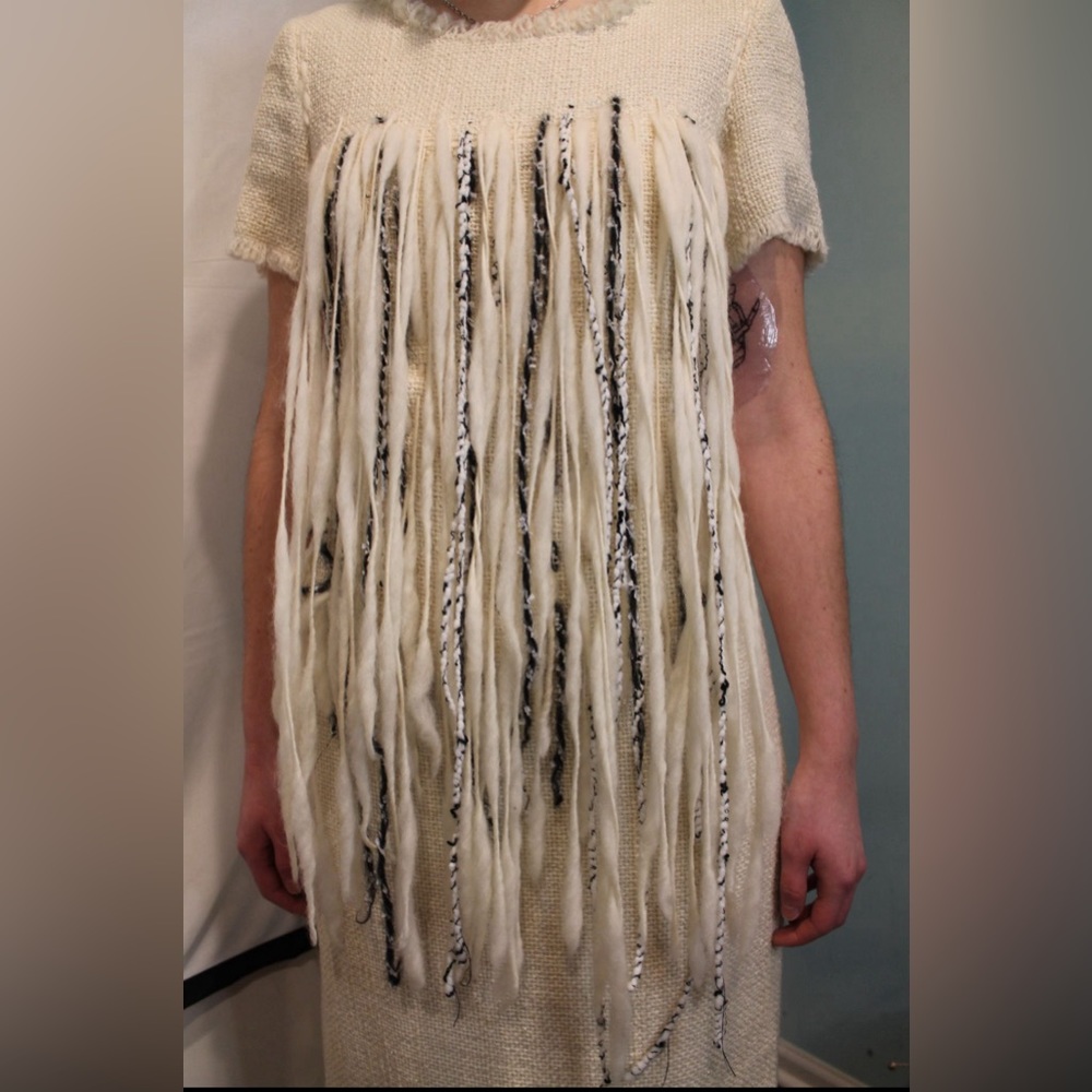 Chanel Ivory Tweed Fringe Short Sleeve Shift Dress Size FR 40/US 8